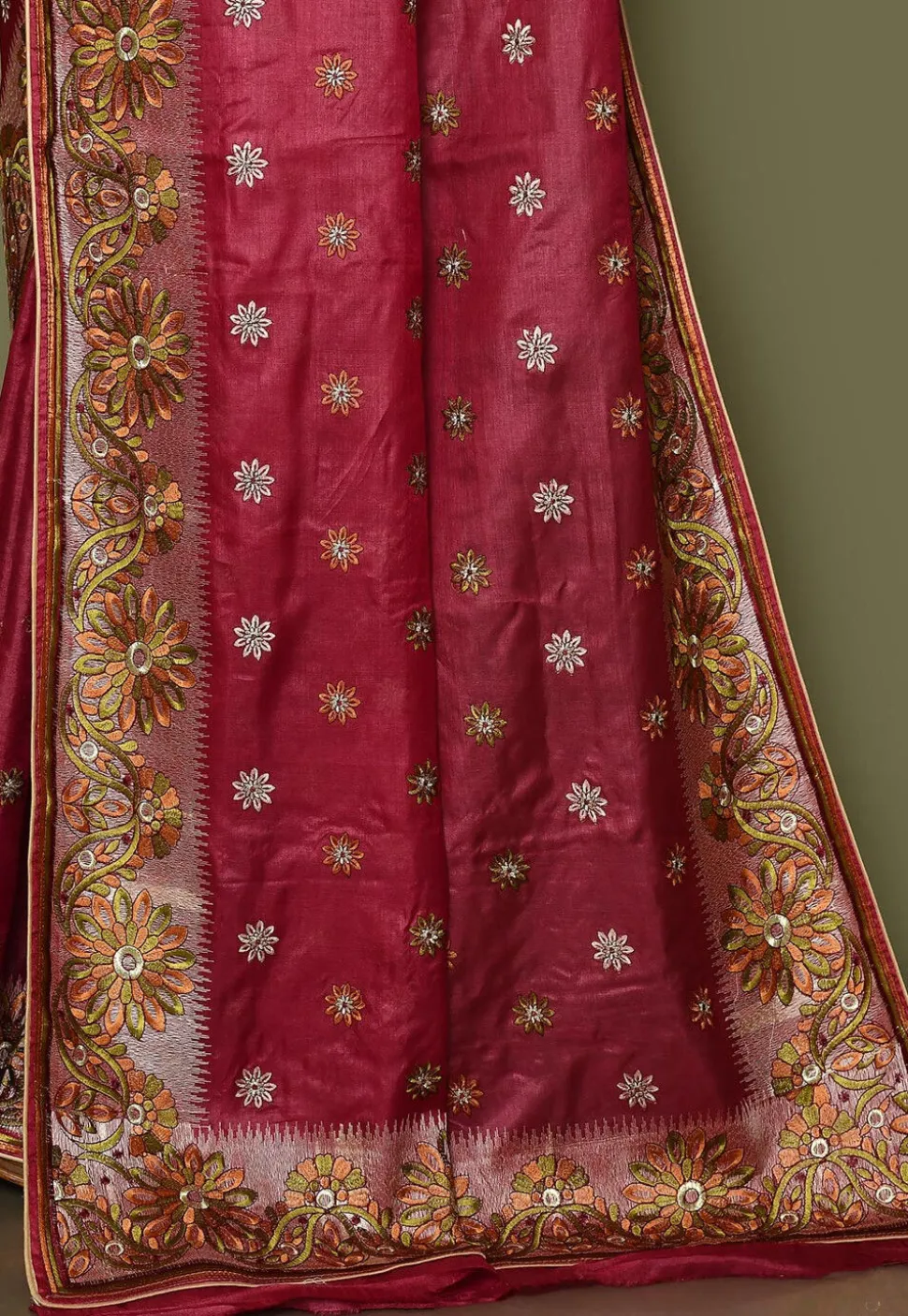 Pure Silk Embroidered Saree in Coral Red