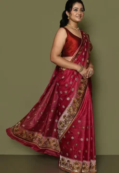 Pure Silk Embroidered Saree in Coral Red