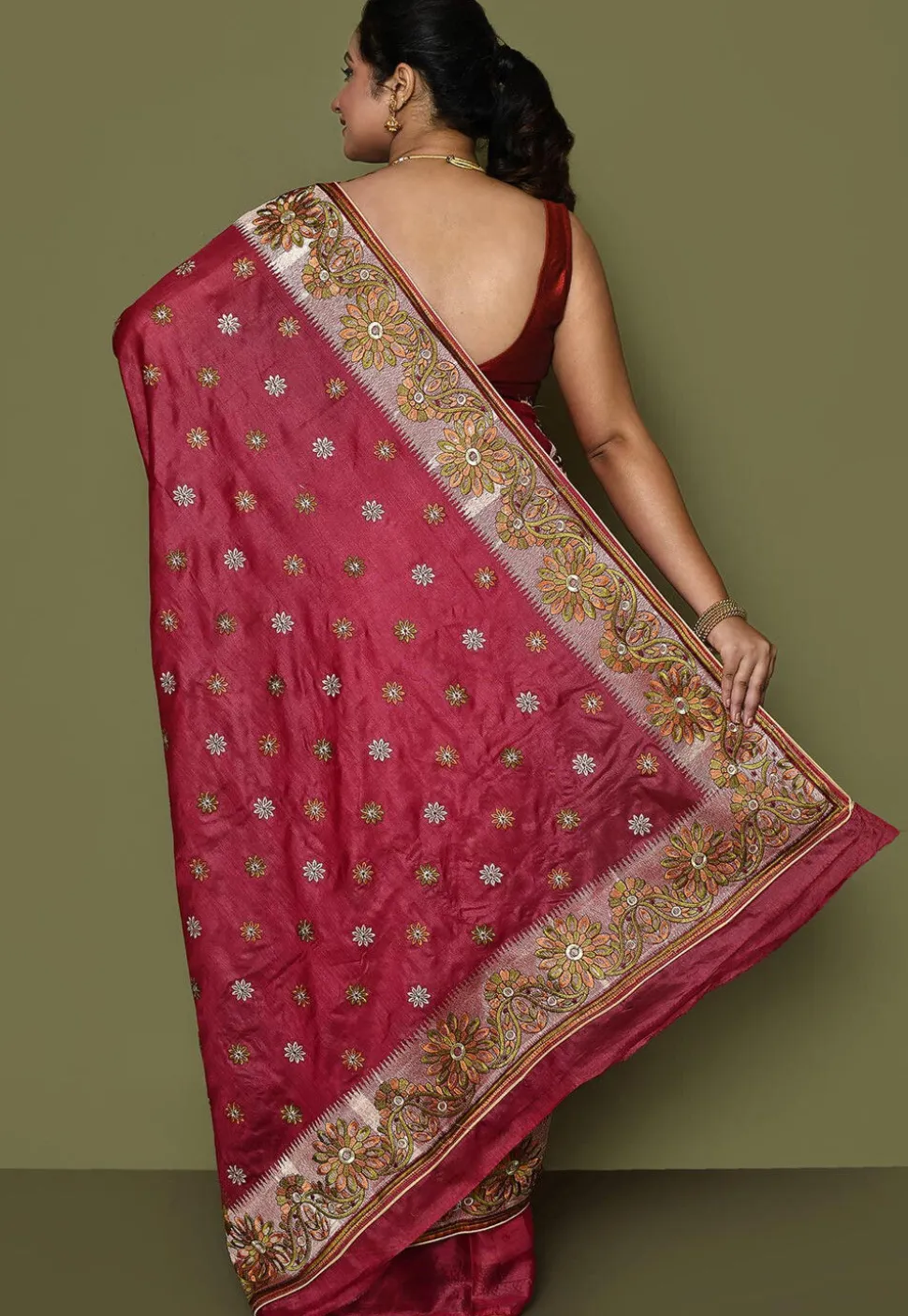 Pure Silk Embroidered Saree in Coral Red