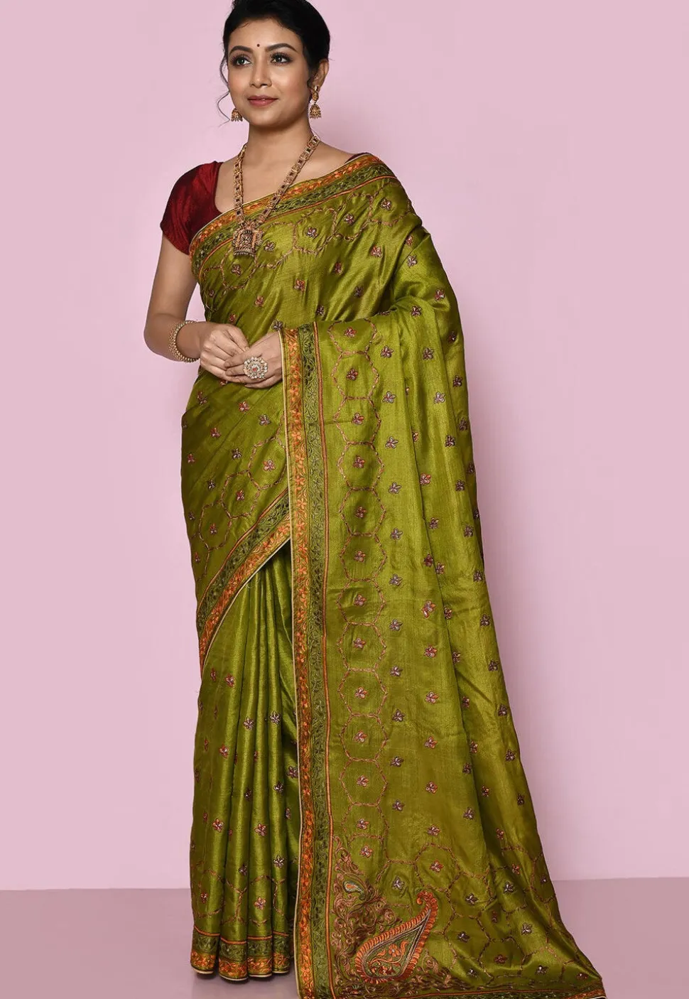 Pure Silk Embroidered Saree in Olive Green