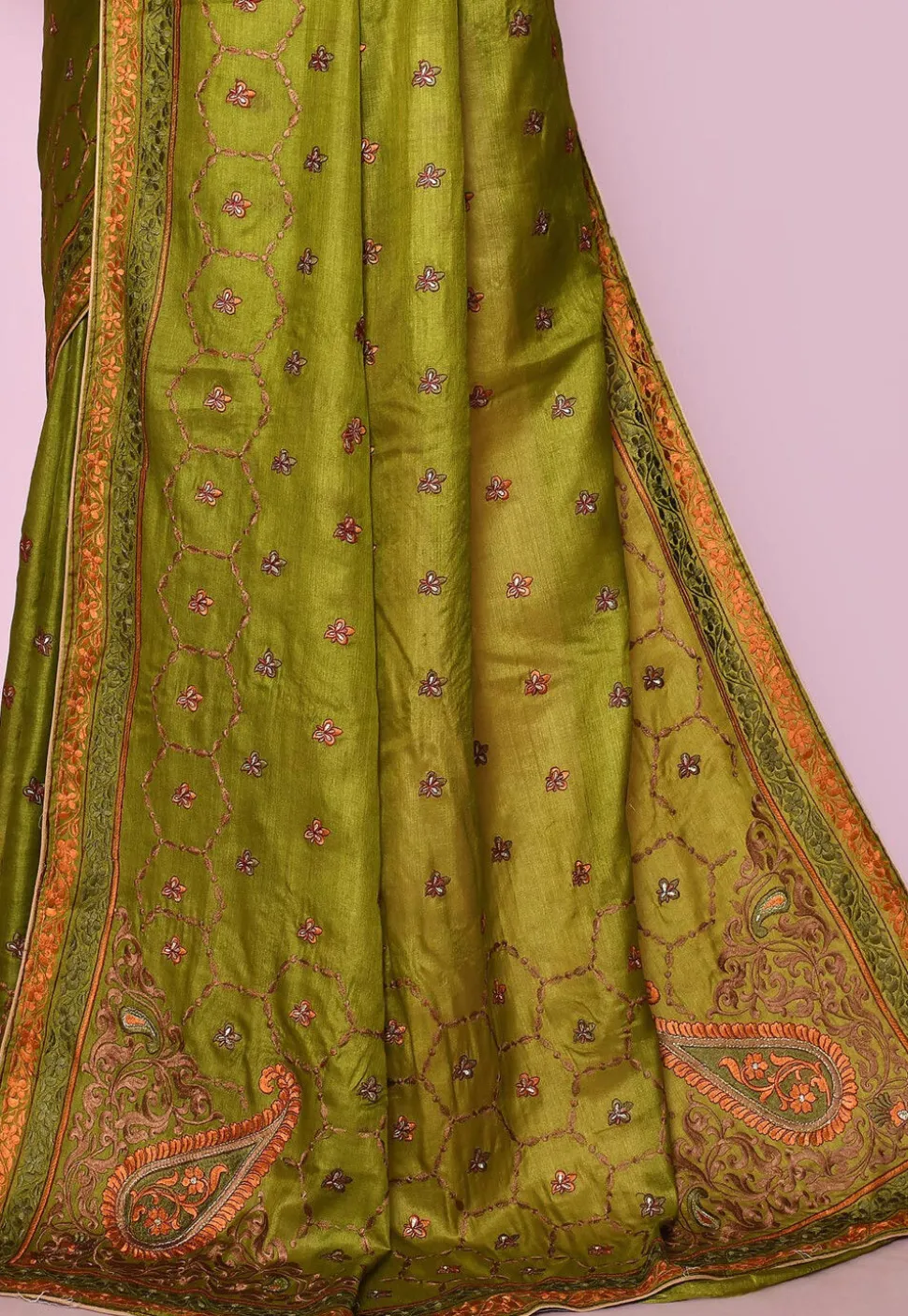 Pure Silk Embroidered Saree in Olive Green