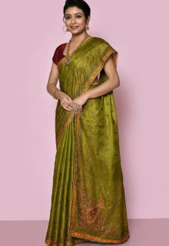 Pure Silk Embroidered Saree in Olive Green