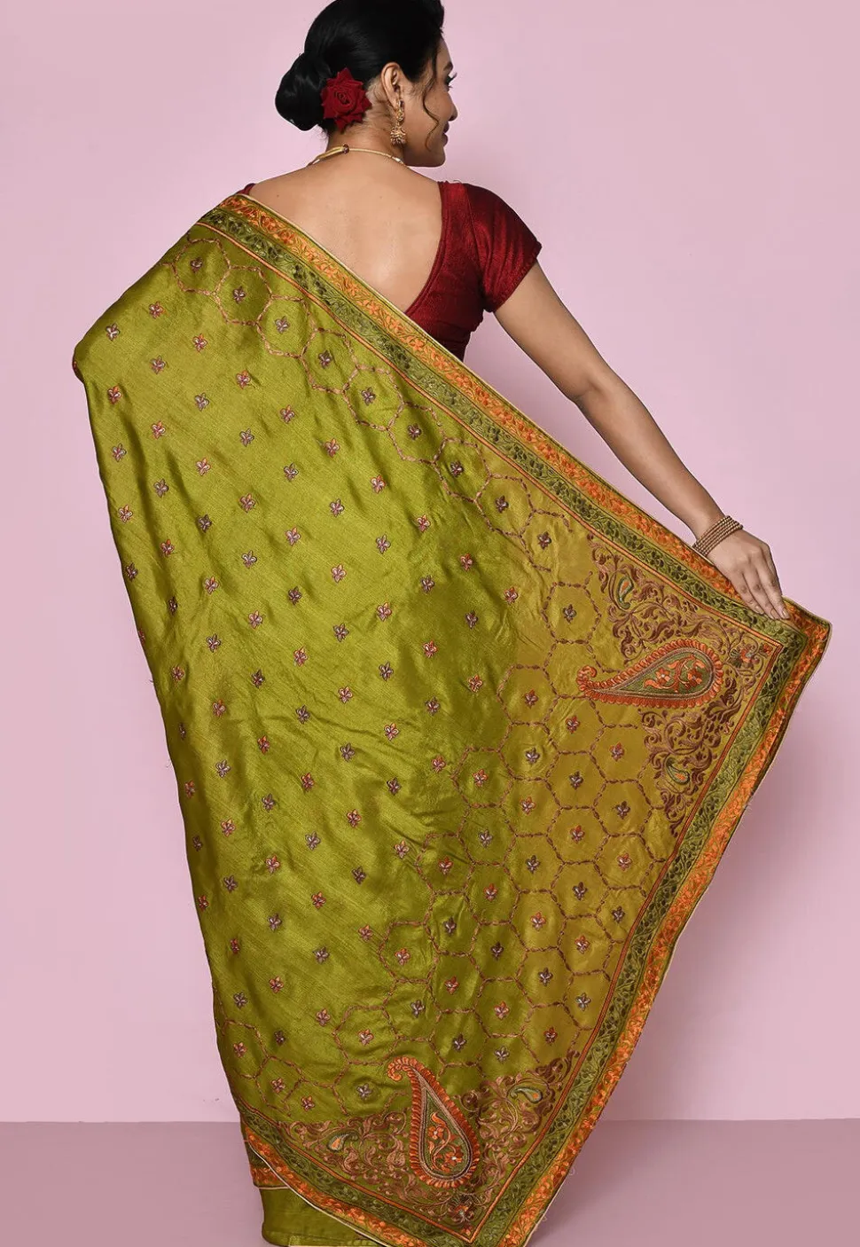 Pure Silk Embroidered Saree in Olive Green