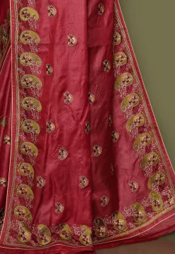 Pure Silk Embroidered Saree in Coral Red