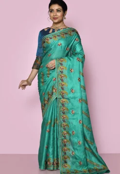 Pure Silk Embroidered Saree in Turquoise