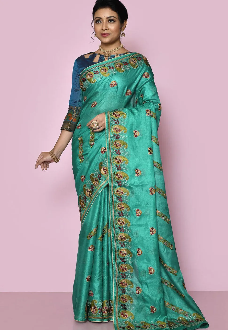 Pure Silk Embroidered Saree in Turquoise