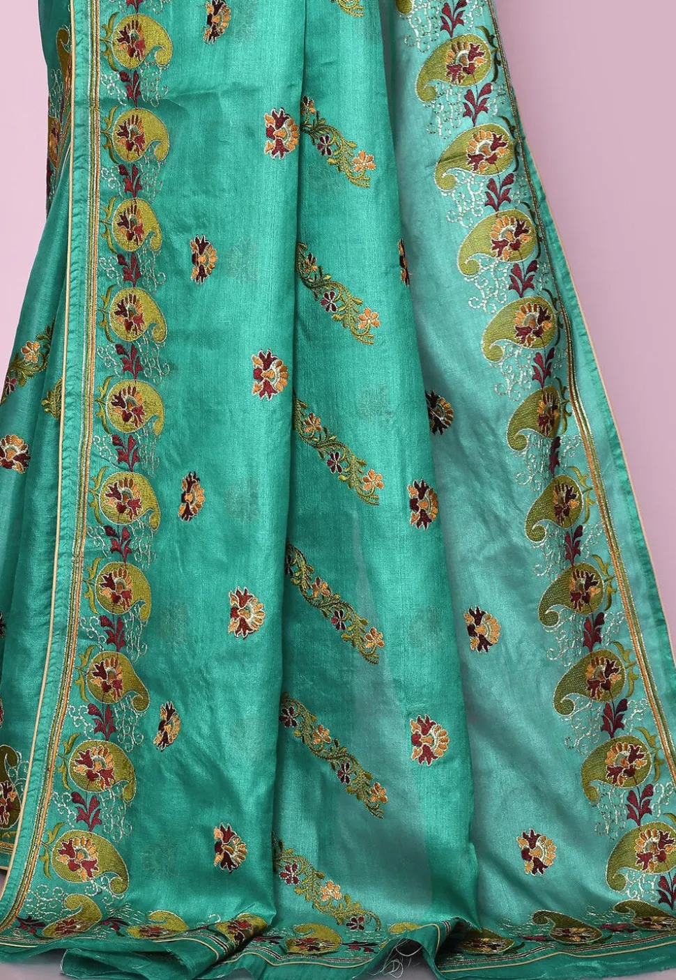 Pure Silk Embroidered Saree in Turquoise