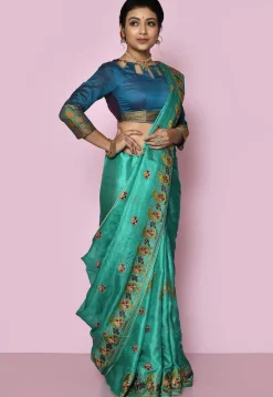 Pure Silk Embroidered Saree in Turquoise