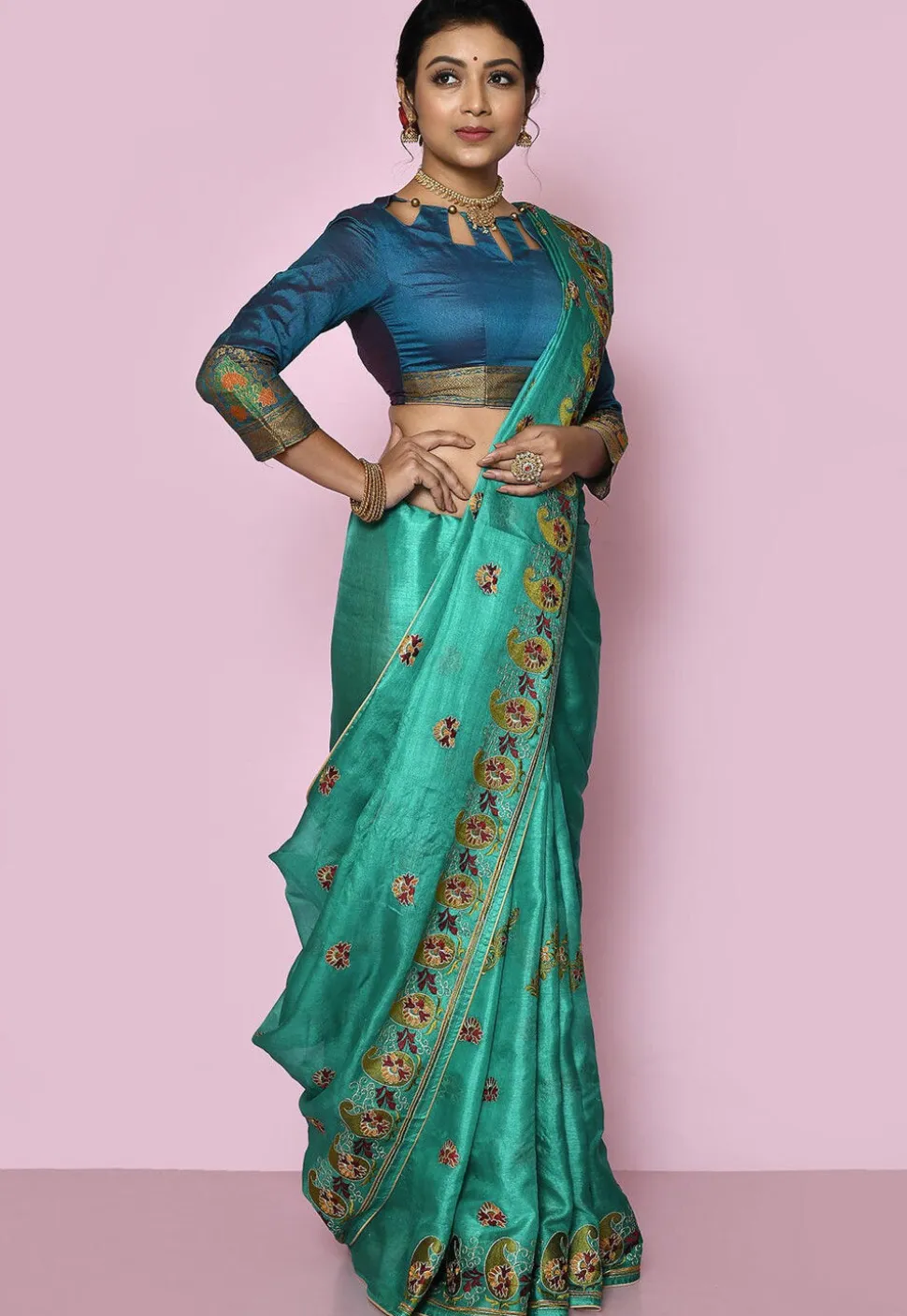 Pure Silk Embroidered Saree in Turquoise