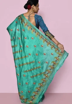 Pure Silk Embroidered Saree in Turquoise