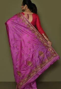 Pure Silk Embroidered Saree in Magenta
