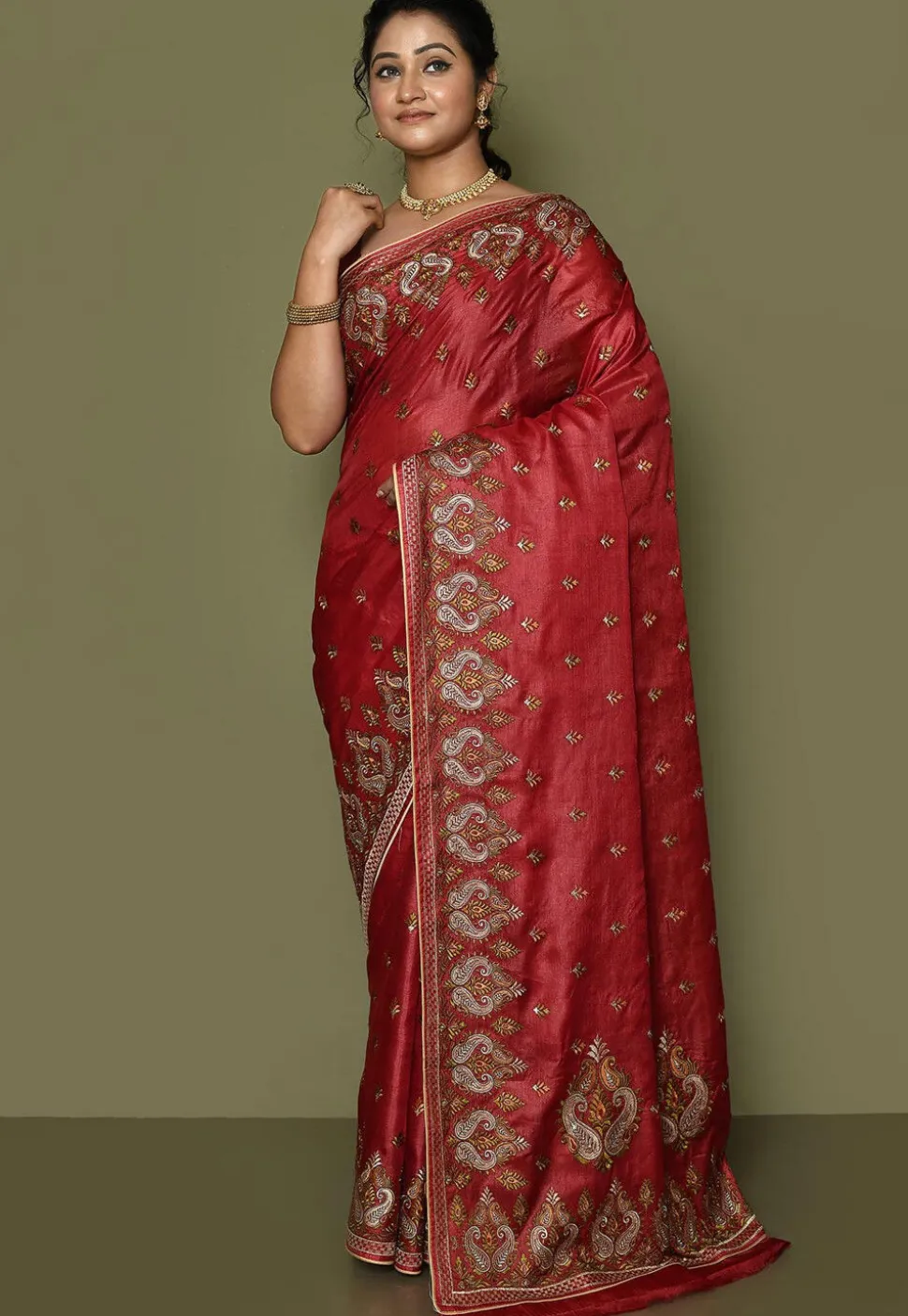 Pure Silk Embroidered Saree in Red
