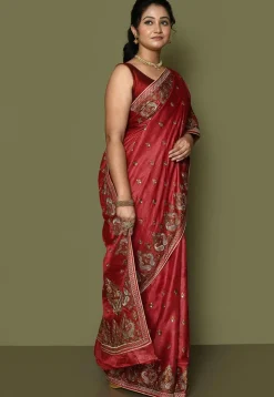 Pure Silk Embroidered Saree in Red