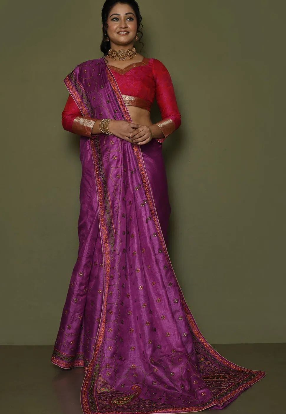 Pure Silk Embroidered Saree in Magenta