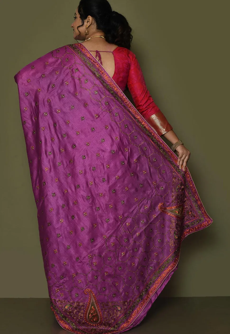 Pure Silk Embroidered Saree in Magenta