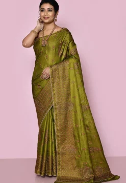 Pure Silk Embroidered Saree in Olive Green