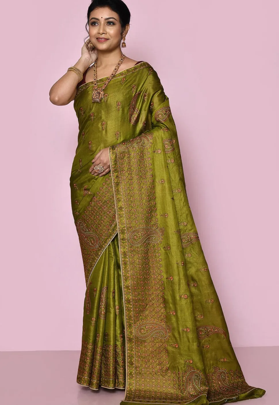 Pure Silk Embroidered Saree in Olive Green