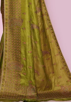 Pure Silk Embroidered Saree in Olive Green