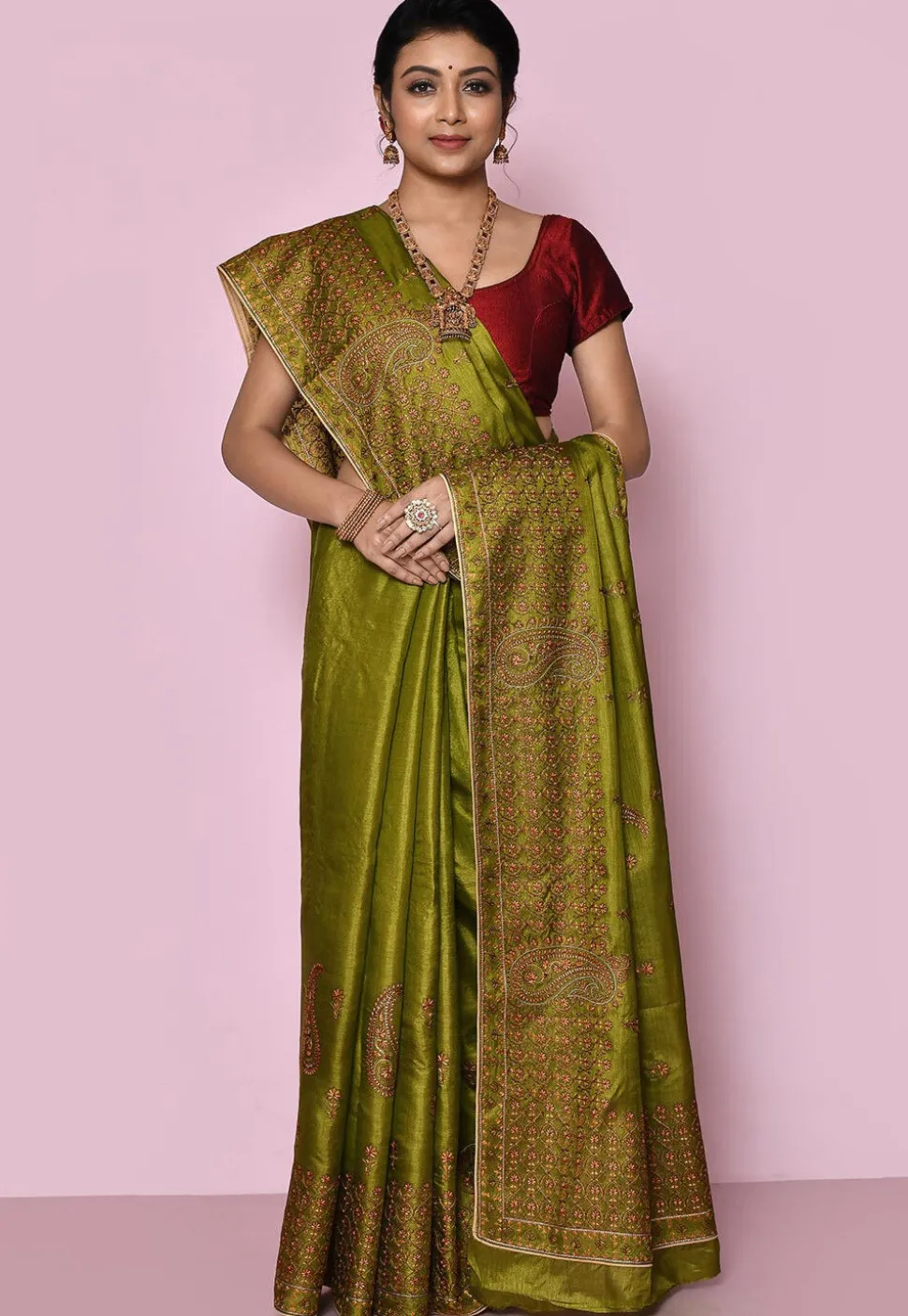 Pure Silk Embroidered Saree in Olive Green
