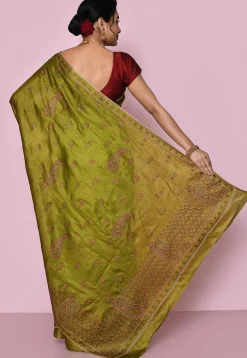 Pure Silk Embroidered Saree in Olive Green
