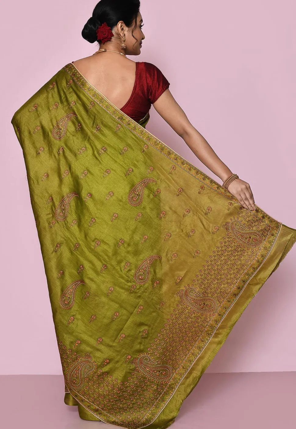 Pure Silk Embroidered Saree in Olive Green