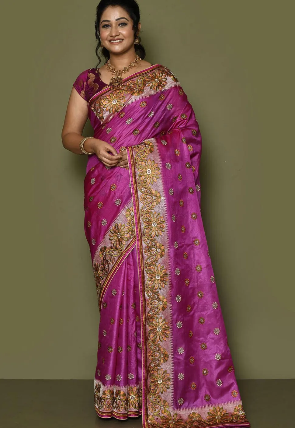 Pure Silk Embroidered Saree in Magenta
