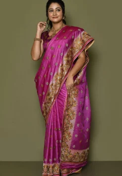Pure Silk Embroidered Saree in Magenta