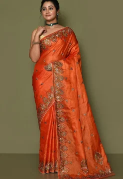 Pure Silk Embroidered Saree in Orange