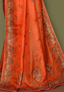 Pure Silk Embroidered Saree in Orange