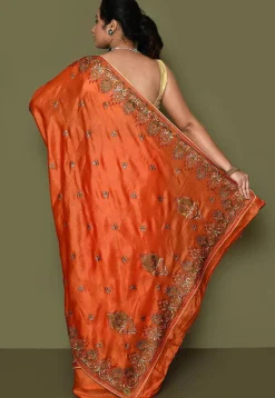 Pure Silk Embroidered Saree in Orange