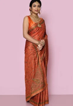 Pure Silk Embroidered Saree in Rust