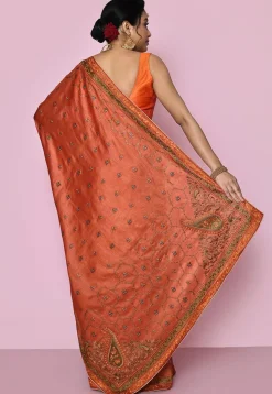 Pure Silk Embroidered Saree in Rust