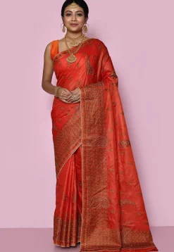 Pure Silk Embroidered Saree in Orange