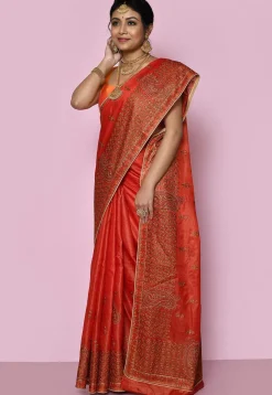 Pure Silk Embroidered Saree in Orange