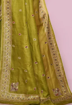 Pure Silk Embroidered Saree in Olive Green