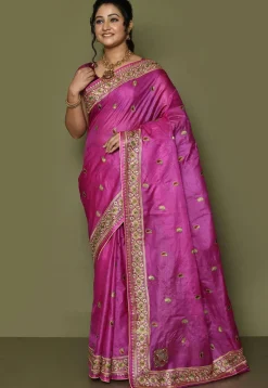 Pure Silk Embroidered Saree in Magenta