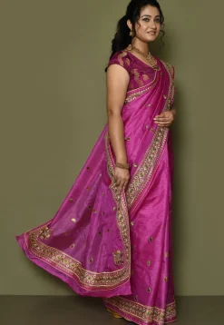Pure Silk Embroidered Saree in Magenta