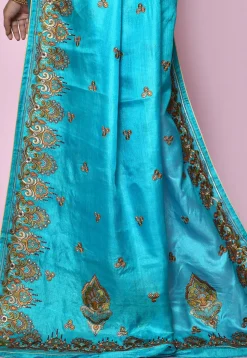 Pure Silk Embroidered Saree in Sky Blue