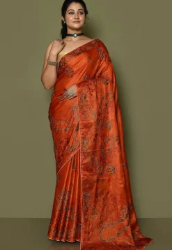 Pure Silk Embroidered Saree in Orange