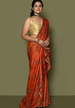 Pure Silk Embroidered Saree in Orange