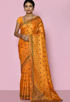 Pure Silk Embroidered Saree in Yellow
