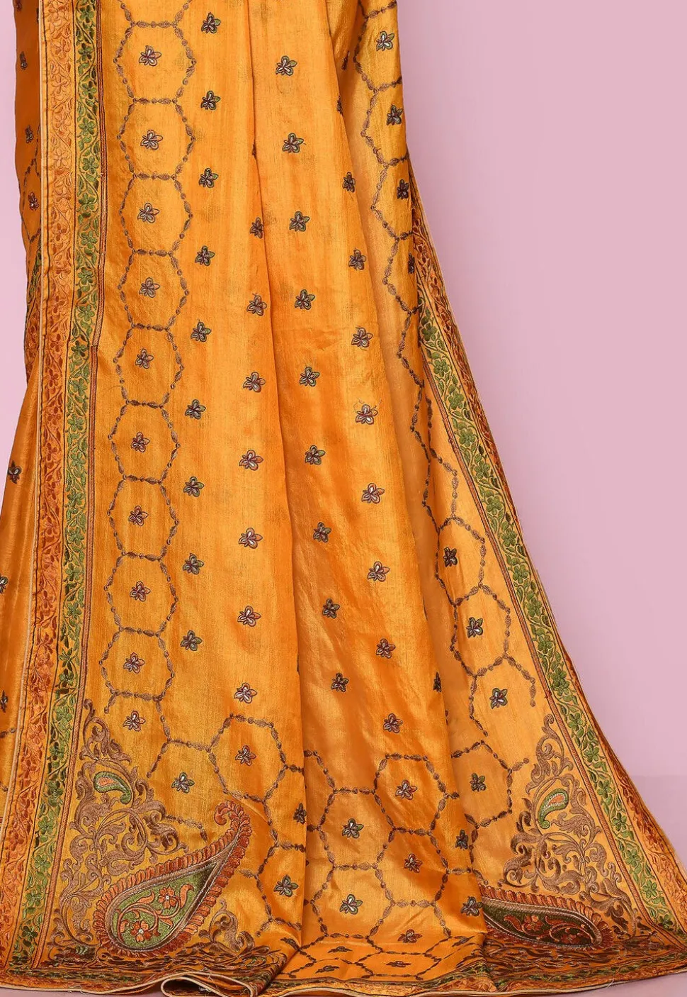 Pure Silk Embroidered Saree in Yellow