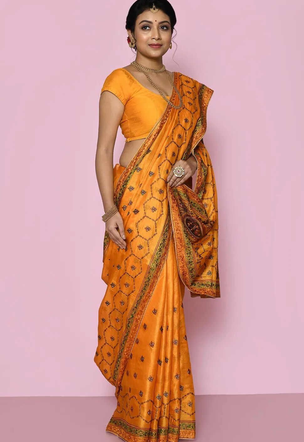 Pure Silk Embroidered Saree in Yellow