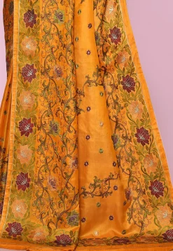 Pure Silk Embroidered Saree in Mustard