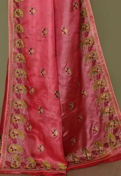 Pure Silk Embroidered Saree in Coral Pink