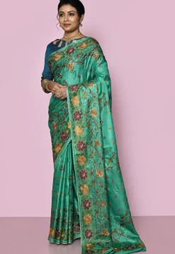 Pure Silk Embroidered Saree in Teal Green