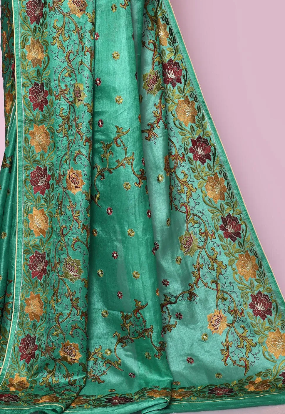 Pure Silk Embroidered Saree in Teal Green