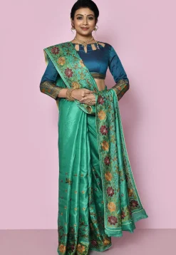 Pure Silk Embroidered Saree in Teal Green