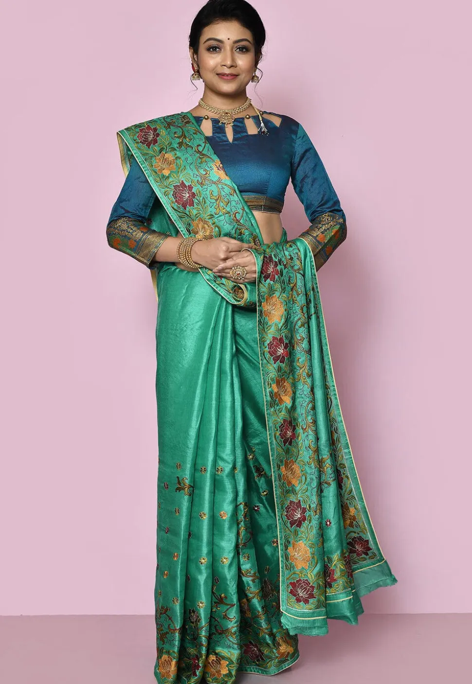 Pure Silk Embroidered Saree in Teal Green