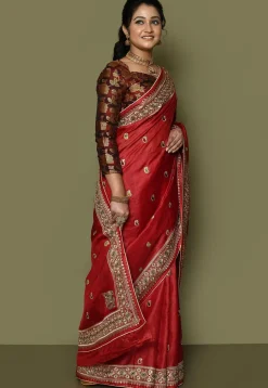 Pure Silk Embroidered Saree in Red